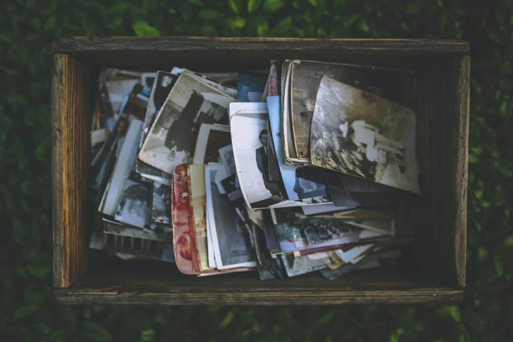 Old photos in wooden box